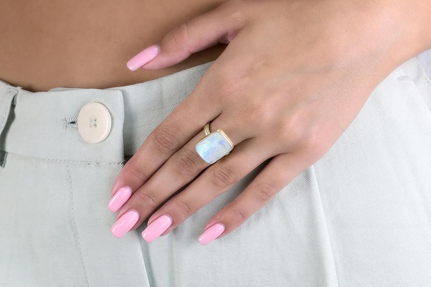 14k Gold Rectangle Rainbow Moonstone Ring - June Birthstone Statement Stacking Ring - 13x18mm Rectangular Faceted Gemstone