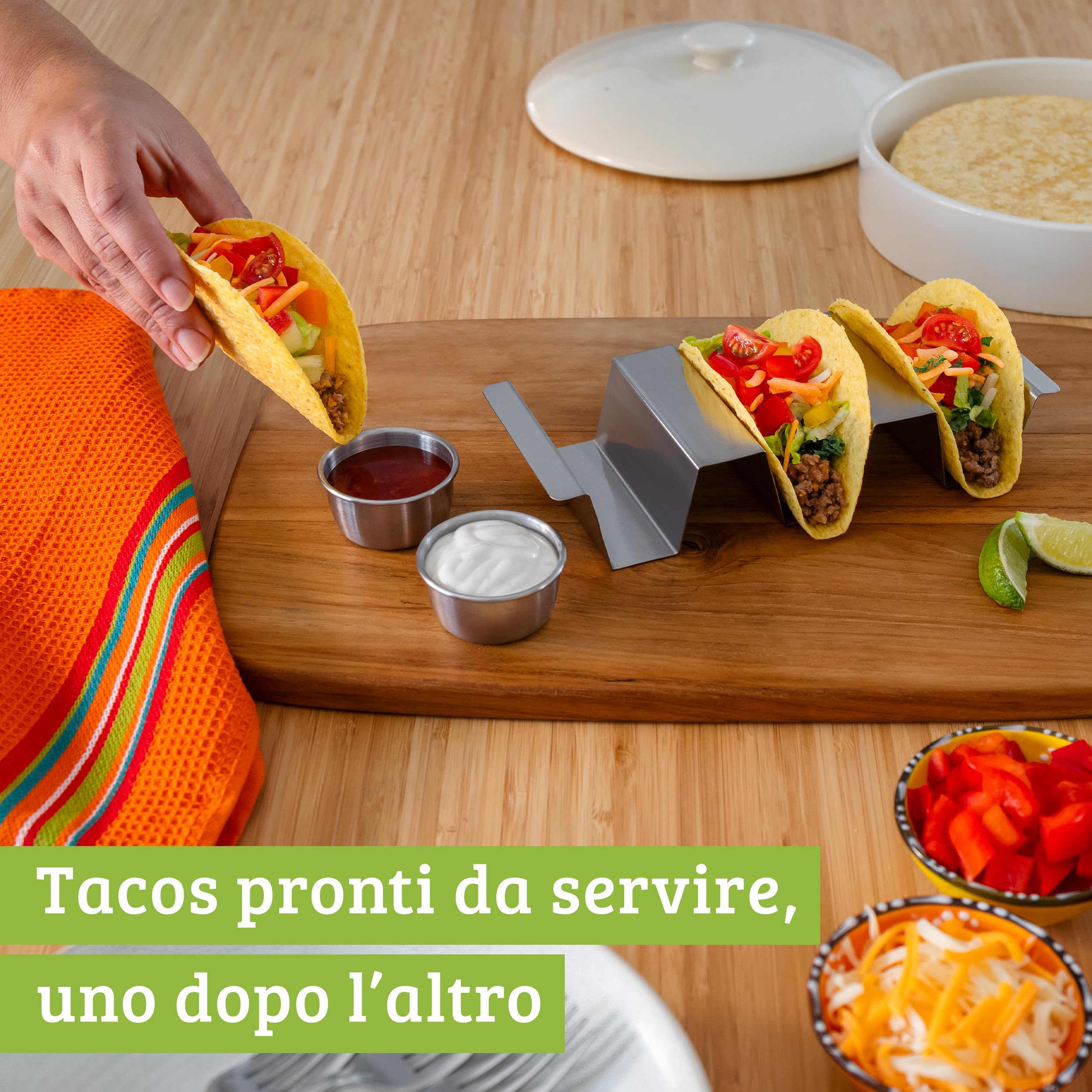 Porta Tacos Acciaio con Base Piatta Scanalata, Set 6 per Tacos Messicani e Tortilla, Ideale come Chef Accessori e Accessori Griglia per Forno o BBQ