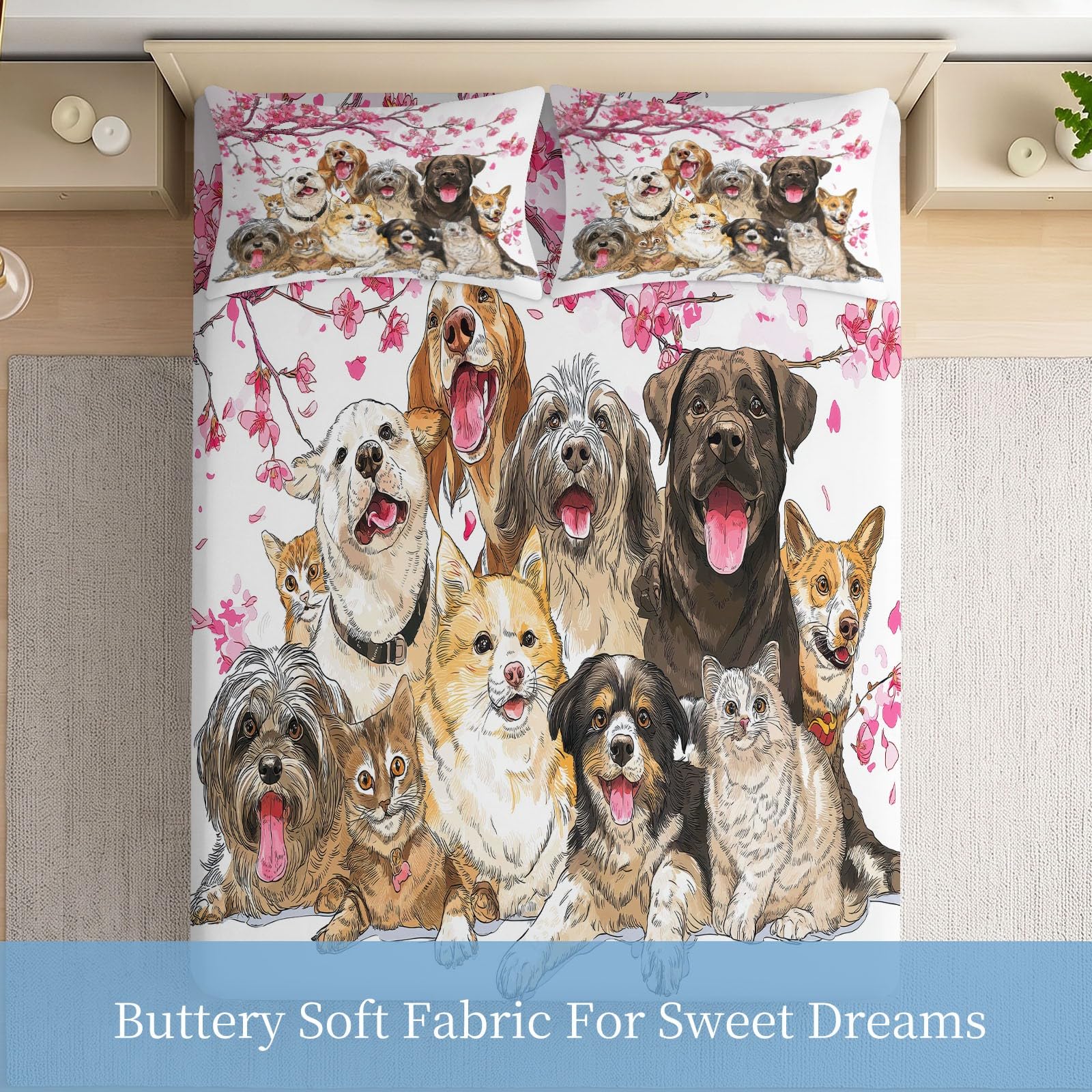 Juego de 3 sábanas bajeras ajustables de 140 x 200 cm para cuna, sábana bajera ajustable de microfibra transpirable, sábana bajera con bonito animal, gato y perro y 2 fundas de almohada con cremallera