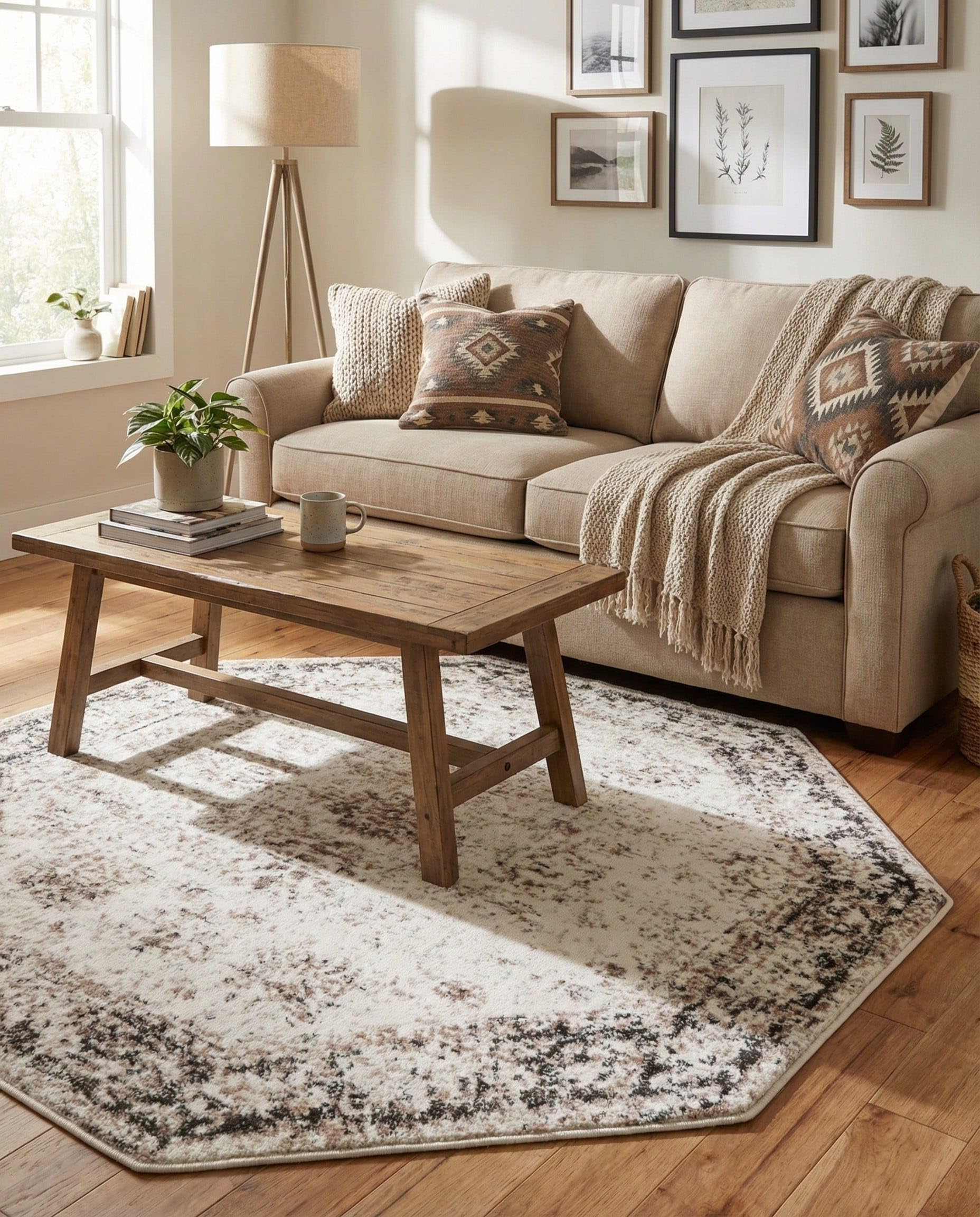 Rugs.com - Monte Carlo Rug – 4 Ft Octagon Beige Easy-Clean Rug – Vintage Medallion Design for Entryways, Small Nooks, and Home Offices