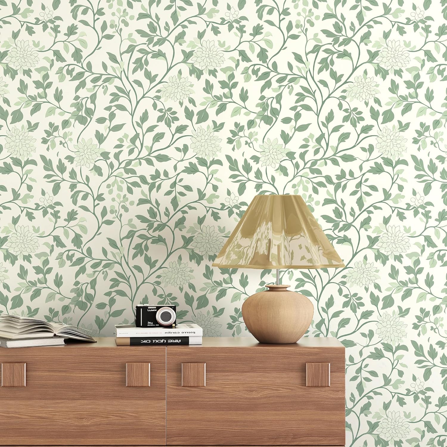 Leaf Peel and Stick Wallpaper Boho Contact Paper 17.3"x393" Green and Beige Floral Wallpaper Self Adhesive Removable Wall Paper Bathroom Decoration Wallpapers for Bedroom Vinyl Roll