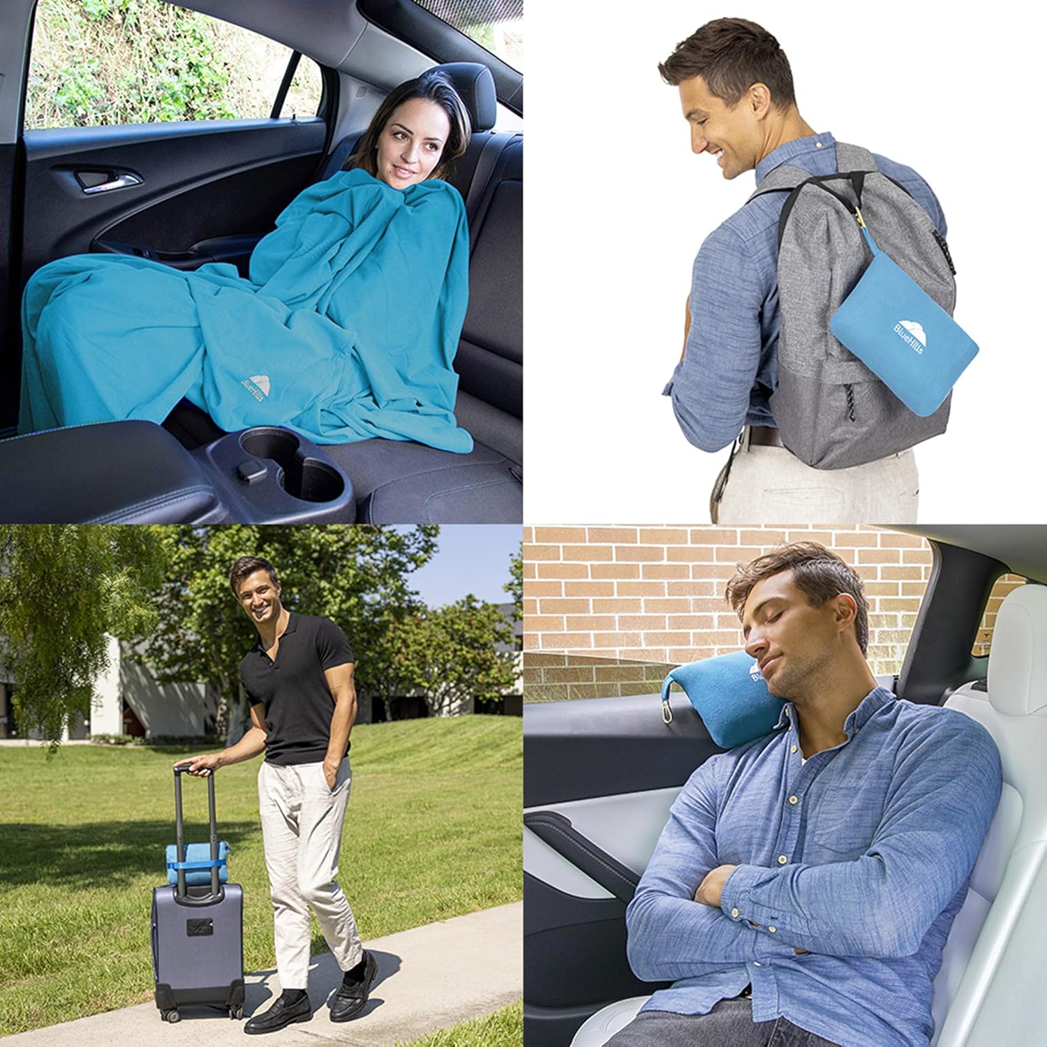 BlueHills Travel Blanket Pillow Compact Lightweight Pocket Size Airplane Traveling Essential Flight Trip Throw in Bag Portable Case Plane Accessory Teal Blue L03 - Image 2