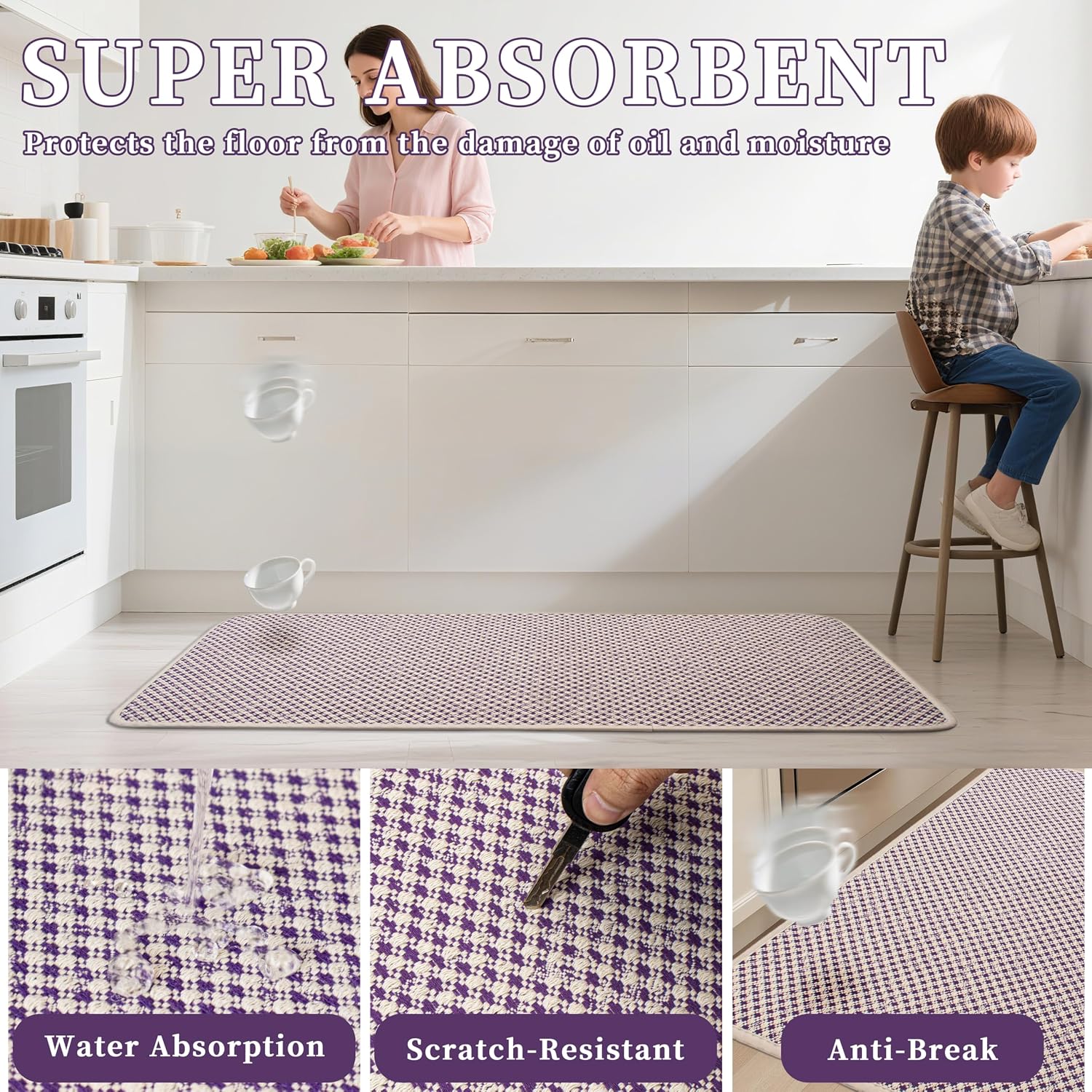 Kitchen Runner Floor Mat Non Slip Washable Absorbent Rubber Mat Standing Kitchen Rugs Fit Under Door, Laundry, Hallway, 17 x 47 Inch, Purple, Easy to Clean and Maintain