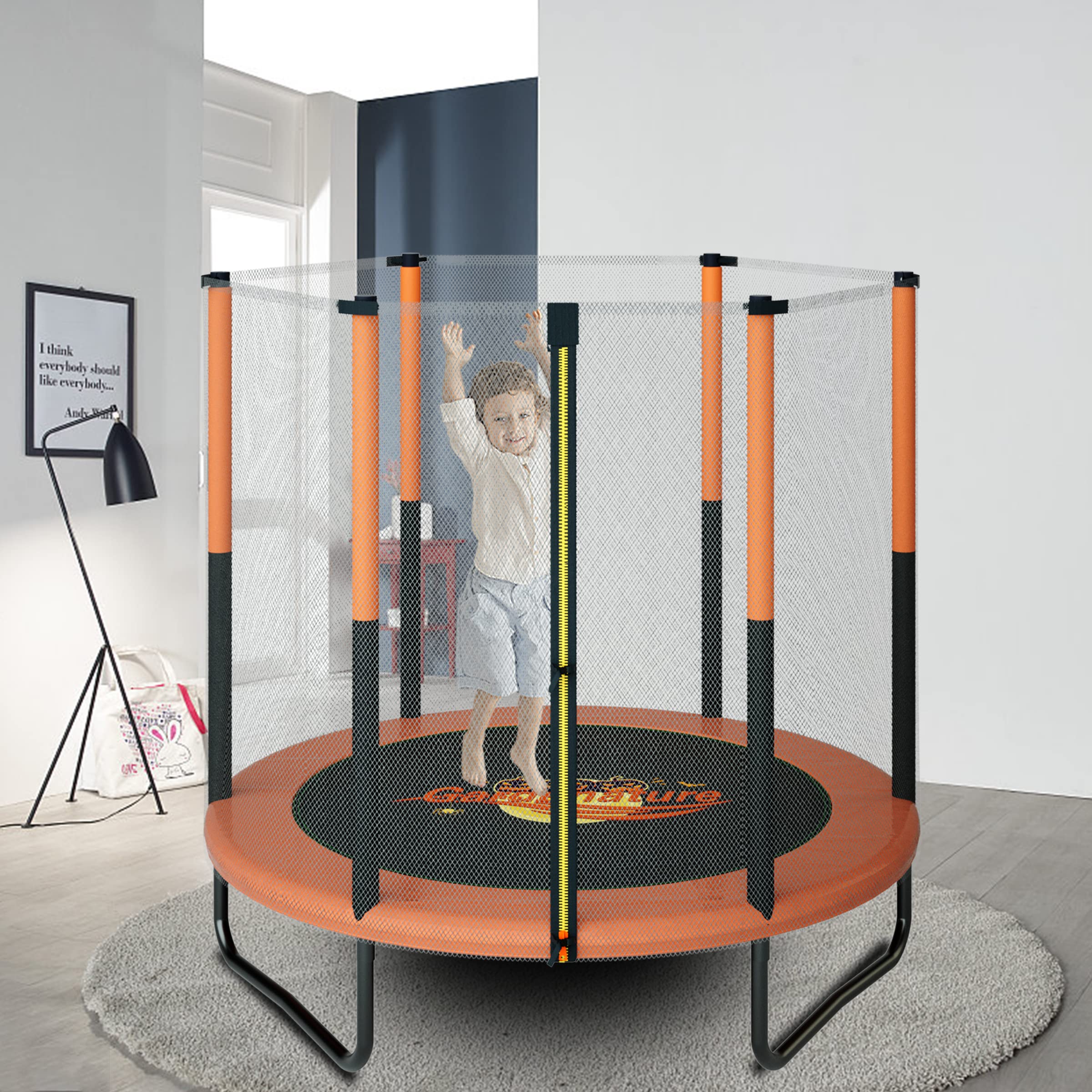Gardenature 5ft Kids Trampoline With Safety Enclosure Net - Indoor/Outdoor Mini Trampoline For Toddlers, Includes Basketball Hoop
