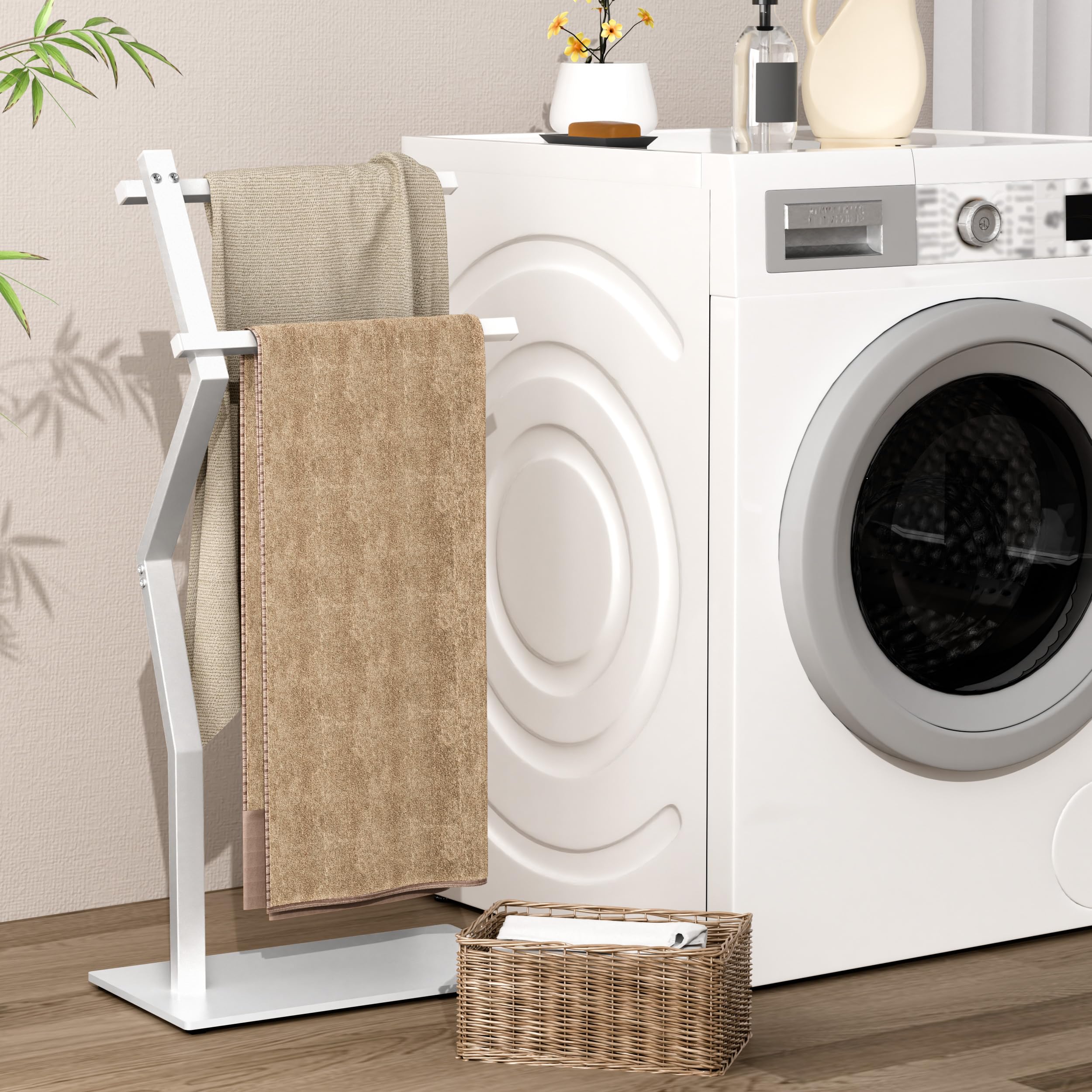 OUTBROS Porte-Serviettes Salle De Bain,Porte-Serviettes Autoportant sur Pied,Convient pour Les Chambres De Salle De Bains,avec Deux Niveaux De Balustrades,40x20x84cm,Blanc,EYJ107W