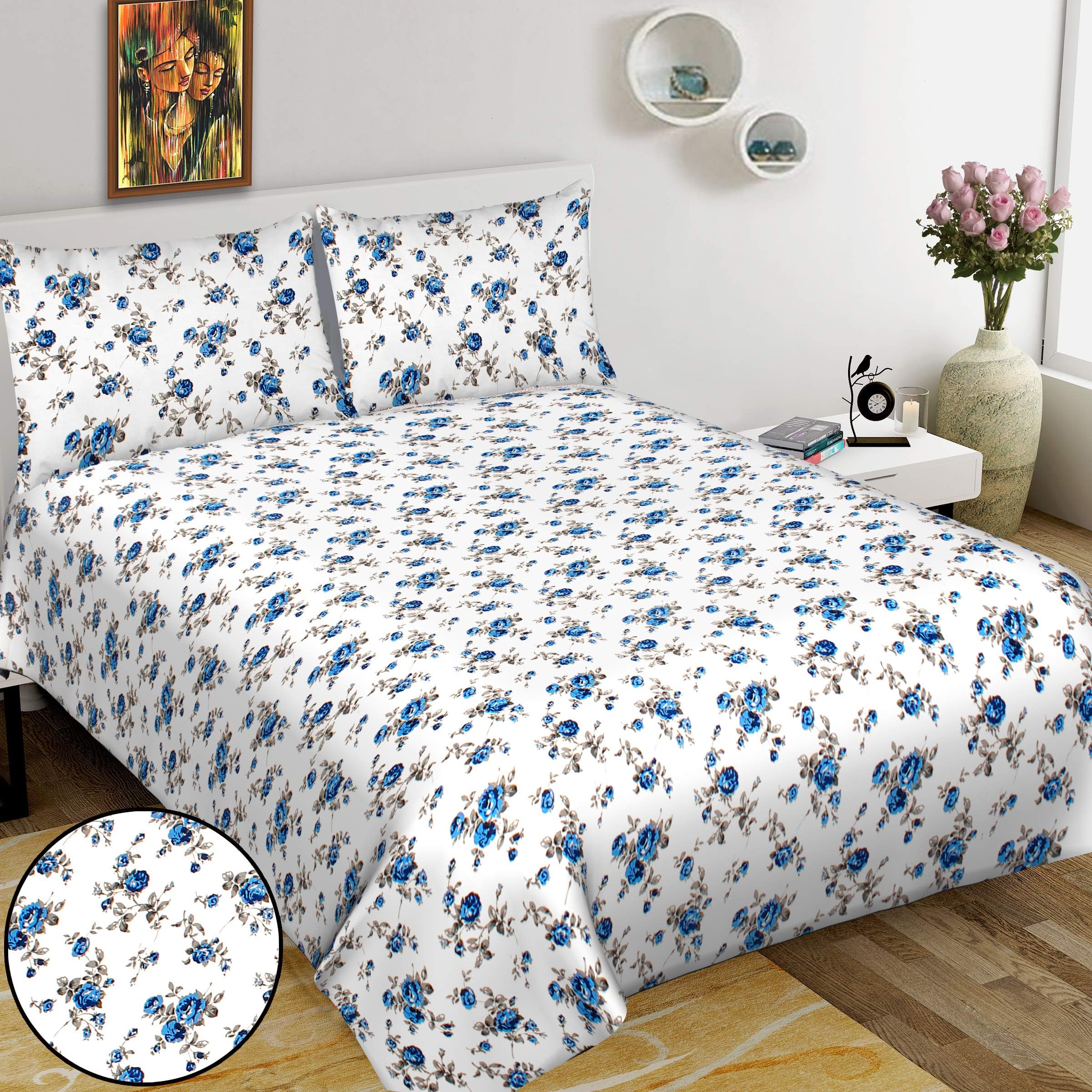 Fecom 100% Cotton Rajasthani Jaipuri Sanganeri Print Traditional Attractive Quality King Size Peach Work Double Bedsheet with 2 Pillow Covers- 100"X108"– ( Blue)