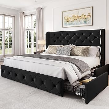 LARMACE Queen Size Bed Frame with 4 Storage Drawers and 47.2" Tall Wingback Headboard Upholstered Platform Beds Velvet Tufted Bed Frame with Wooden Slats Support, Easy Assembly, Black