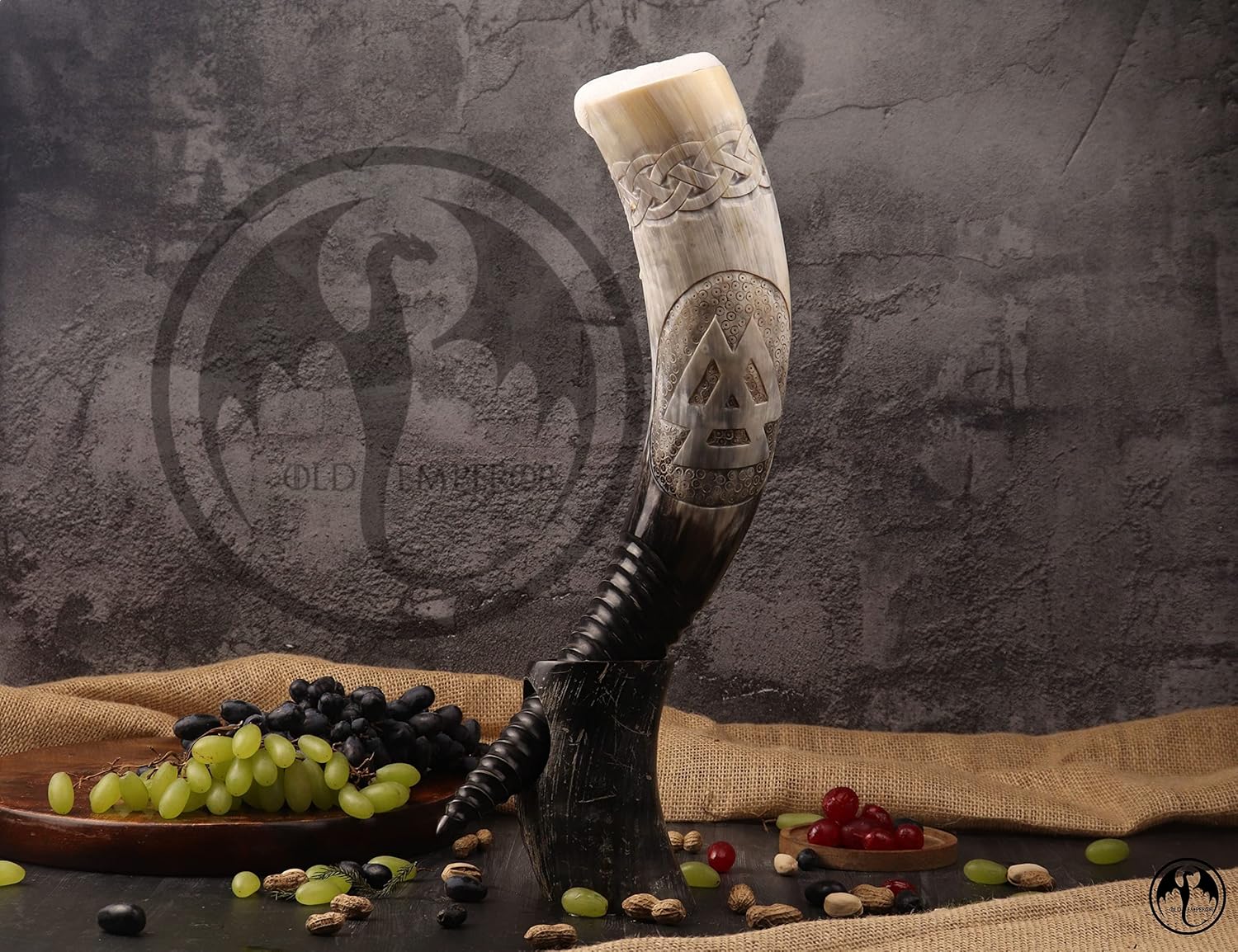 Viking Drinking Horn with Stand | Large Hand Engraved Valknut Natural Ox Horn Food Safe, Shine Finish | Unique Norse Viking Gifts for Men & Women | Medieval Mead & Ale Drinking