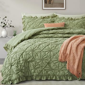 BEDAZZLED Queen Size Comforter Sets, Green Bedding Comforter Set, 3 Pieces Pinch Pleat Bedding Sets with Comforter and Pillowcases Soft Farmhouse Shabby Chic Comforter for All Season
