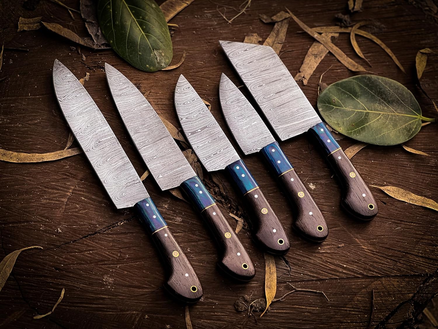 "Exquisite 5-Piece Damascus Steel Chef Knife Set with Premium Leather Sheaths and Wood Handles - Ergonomic, Professional, and Ultra Sharp for Professional Kitchen Use