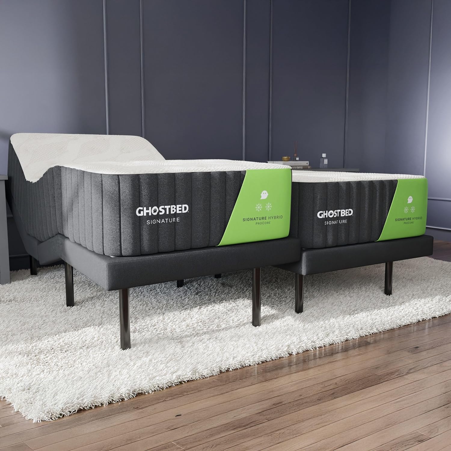 GhostBed Adjustable Base + Signature Hybrid 12” Split King Mattress Bundle – Cooling Memory Foam & Innerspring Hybrid Bundle – Electric Adjustable Bed Frame Power Base with Zero Gravity, Massage