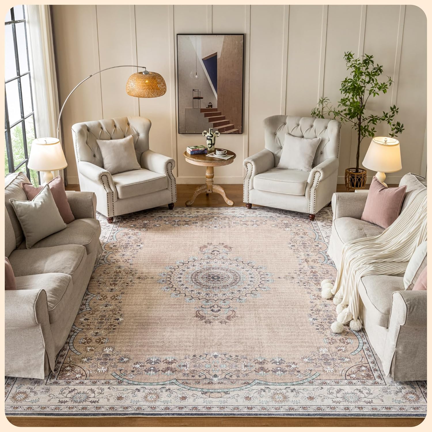 Istana Bedroom Rugs 9x12 - Beige Area Rugs - Foldable Big Rugs for Living Room - Stain Resistant 9 X 12 Rug - Eco-Friendly 9 X 12 Outdoor Rug - Easy to Clean Dining Room Rug 9x12 9' x 12' (Rectangular) Beige