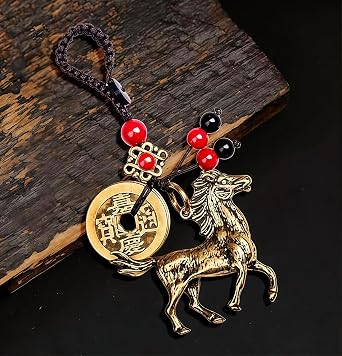 Traditional Feng Shui Good Luck Charm, Brass Wealth God Keychain with Lucky Coins,Beaded Tassel, Chinese Style Amulet