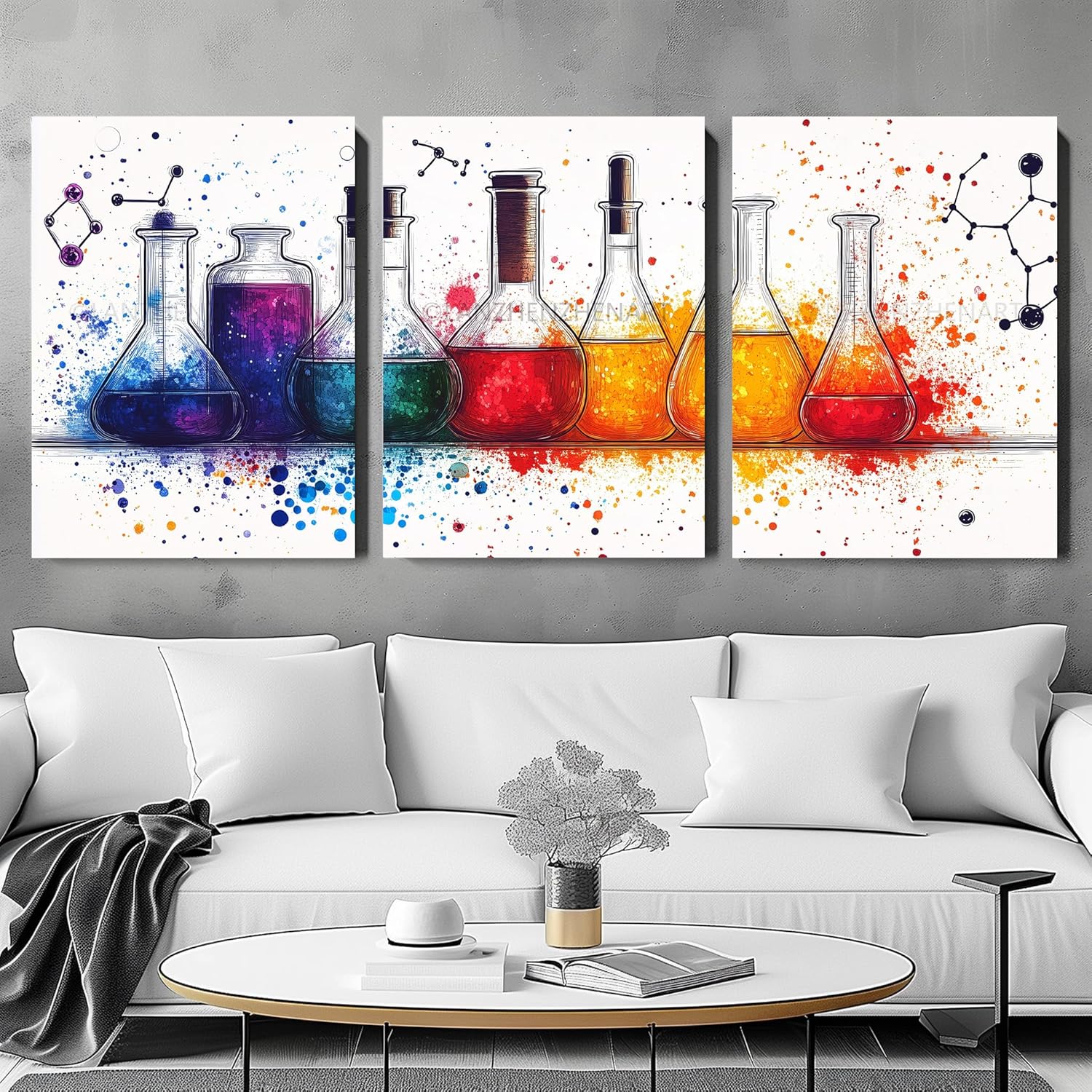 LANZHENZHENART 3Pcs Watercolor Chemistry Laboratory Wall Art Cool Science Canvas Painting Prints For Home Dining Room Living Room Wall Decor Poster Artwork(12" x 18" x 3 Panels Framed)