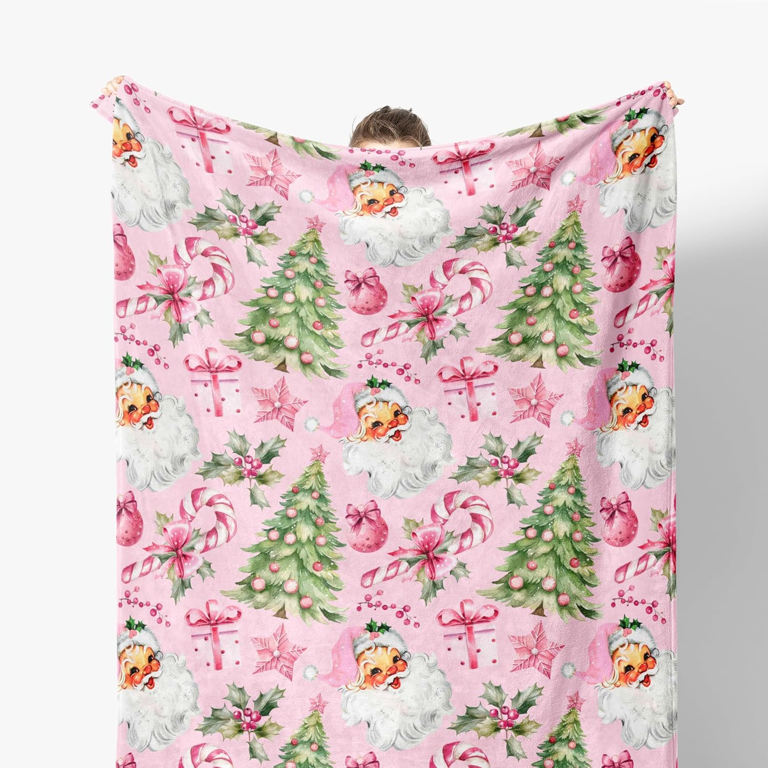 Retro Santa Tree Christmas Throw Blanket for Couch, Sofa, Bed - Cute Pink Christmas Decor, Preppy - 50x60 Inches