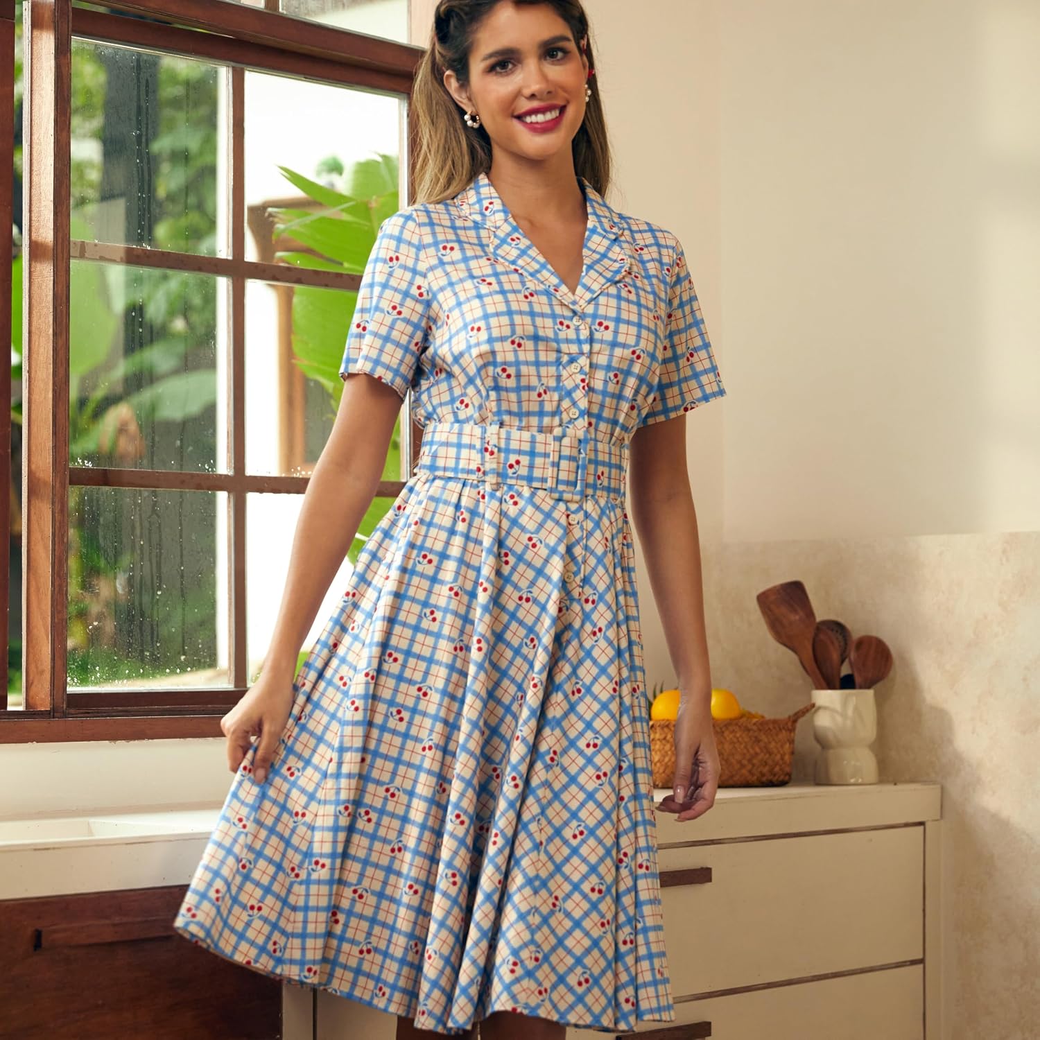 ModCloth Women's Collared Fit & Flare Dress, Short Sleeve, Button Bodice | Removable Belt, Knee Length, Business Casual, Feminine Silhouette, Day To Night