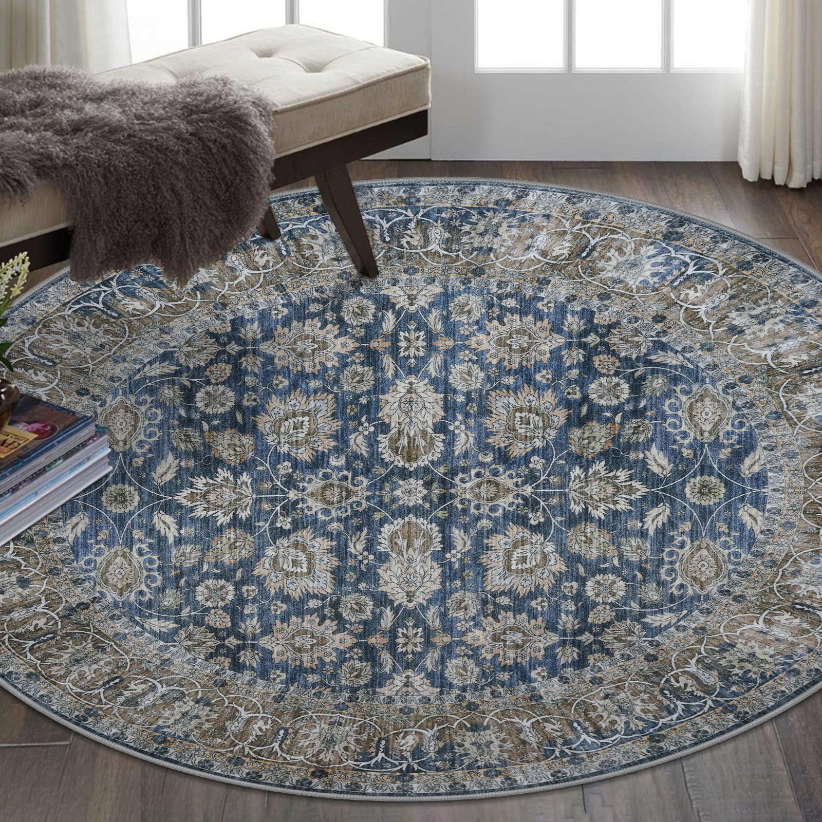 KOZYFLY Round Area Rugs 6Ft Vintage Circle Rug for Bedroom, Washable Rug Non-Slip Soft Living Room Area Rug, Printed Blue Floral Carpet for Laundry Nursery