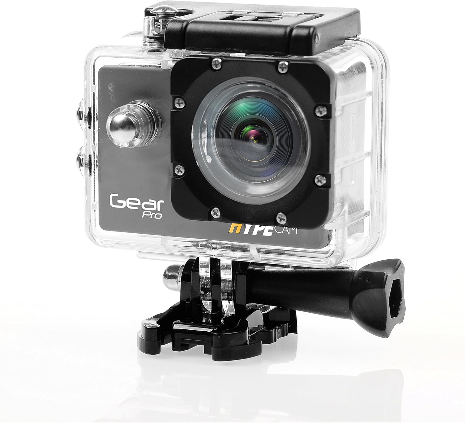 Gear Pro HypeCam GDV485SL.01 inside its clear waterproof case, attached to a mounting bracket.