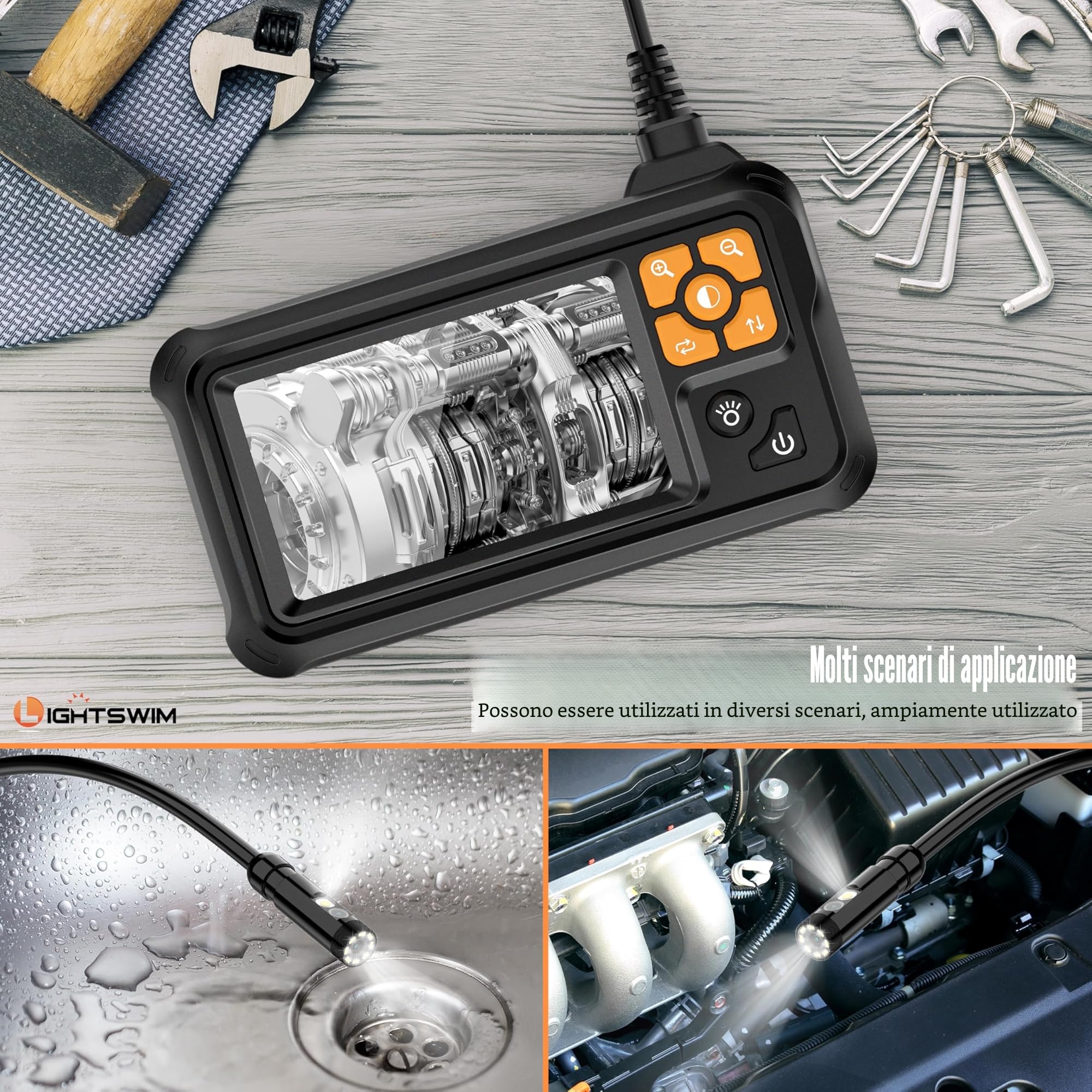 Boroscopio digitale HD a doppia lente, 1080p, IPS da 4,3", telecamera di ispezione con palmare IP67, impermeabile, con 8 luci LED, cavo semirigido da 5 m