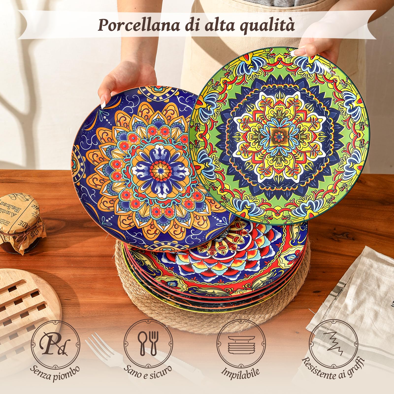 AHX Set di 6 Piatti Piani in Ceramica - Piatti Colorati Grandi per Portate Principali, Pasta, Insalata e Bistecca - Stile Bohémien - Adatti a Microonde e Lavastoviglie - 26,7 cm