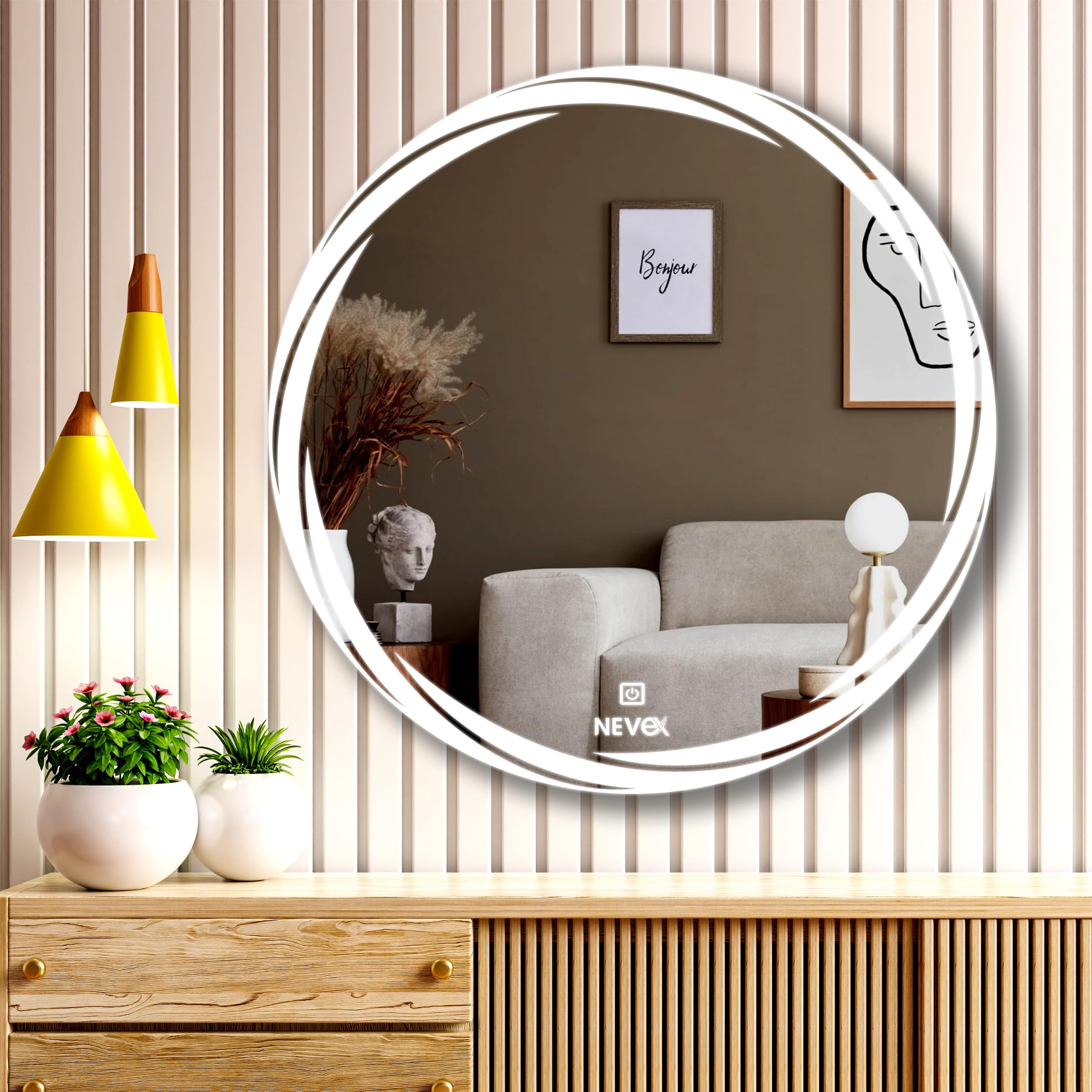 24X24 inch Round Wall Mounter Mirror with Led Light for Wash Basin with Smart 3 Light Tone (Cool White,Natural White and Warm White)