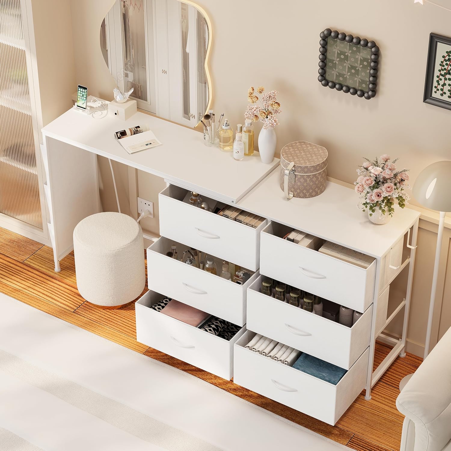 Modern Corner Vanity Desk with 6 Fabric Drawers Power Outlet Side Pocket L Shaped Drawers Makeup Desk Dressing Table for Girls Women Bedroom (White)
