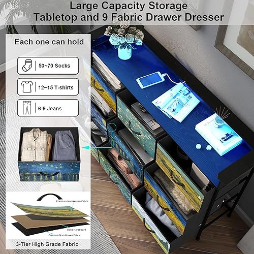 Miniatura 6 de Cómoda para dormitorio con 9 cajones Van Gogh y cómoda de tela, cajón de ropa, organizador de armario para sala de estar, entrada, armario,