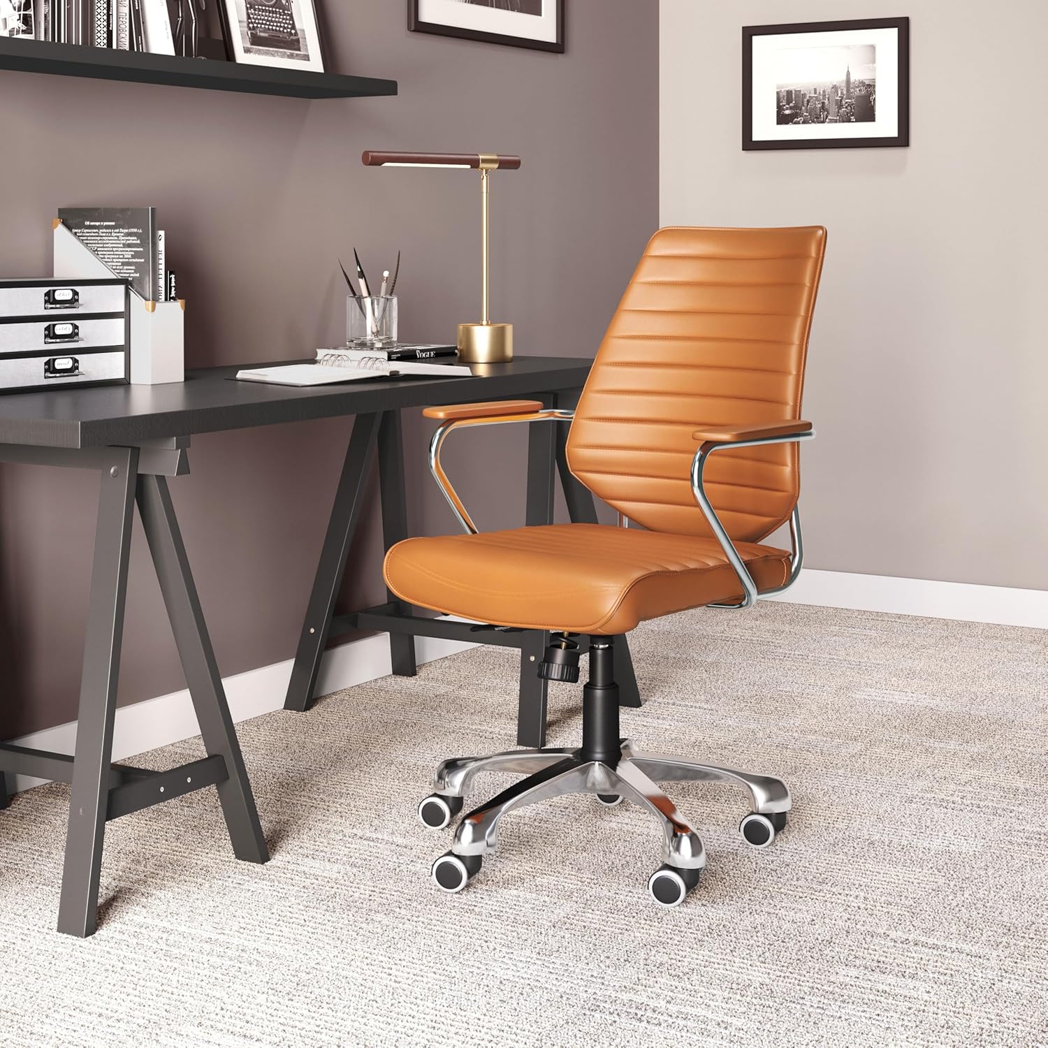 Zuo Enterprise Low Back Office Chair Terracotta, Modern Style, Faux Leather, Plush and Durable Faux Leather Fabric, Steel, Indoor Office, 25.2" W x 23.6" D x 37.4~40.6" H, Non-Stackable