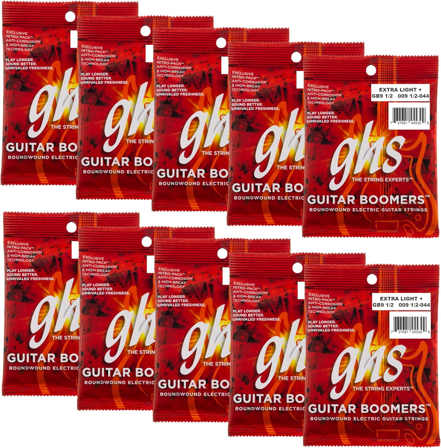 GHS Strings, GB9 1/2 Boomers, Nickel Plated Steel Electric Guitar Strings, Legendary Strength, Consistent Intonation, Long Lasting Brightness, Tone & Sustain. 6-String Guitar 9.5-44 XLT+ Gauge 10 Pack