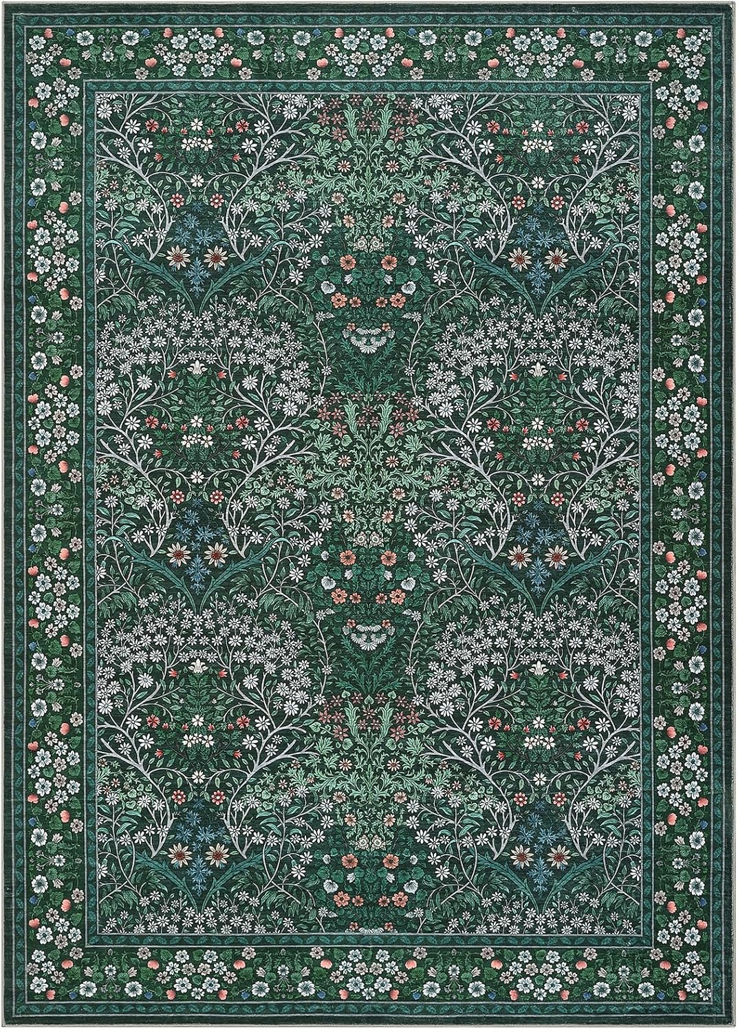 GarveeHome Floral Washable 5x7 Rug Green Non Slip Boho Bathroom Rug, Soft Small Area Rug Indoor Door Mat Botanical Throw Rugs for Living Bedroom, Dark Green