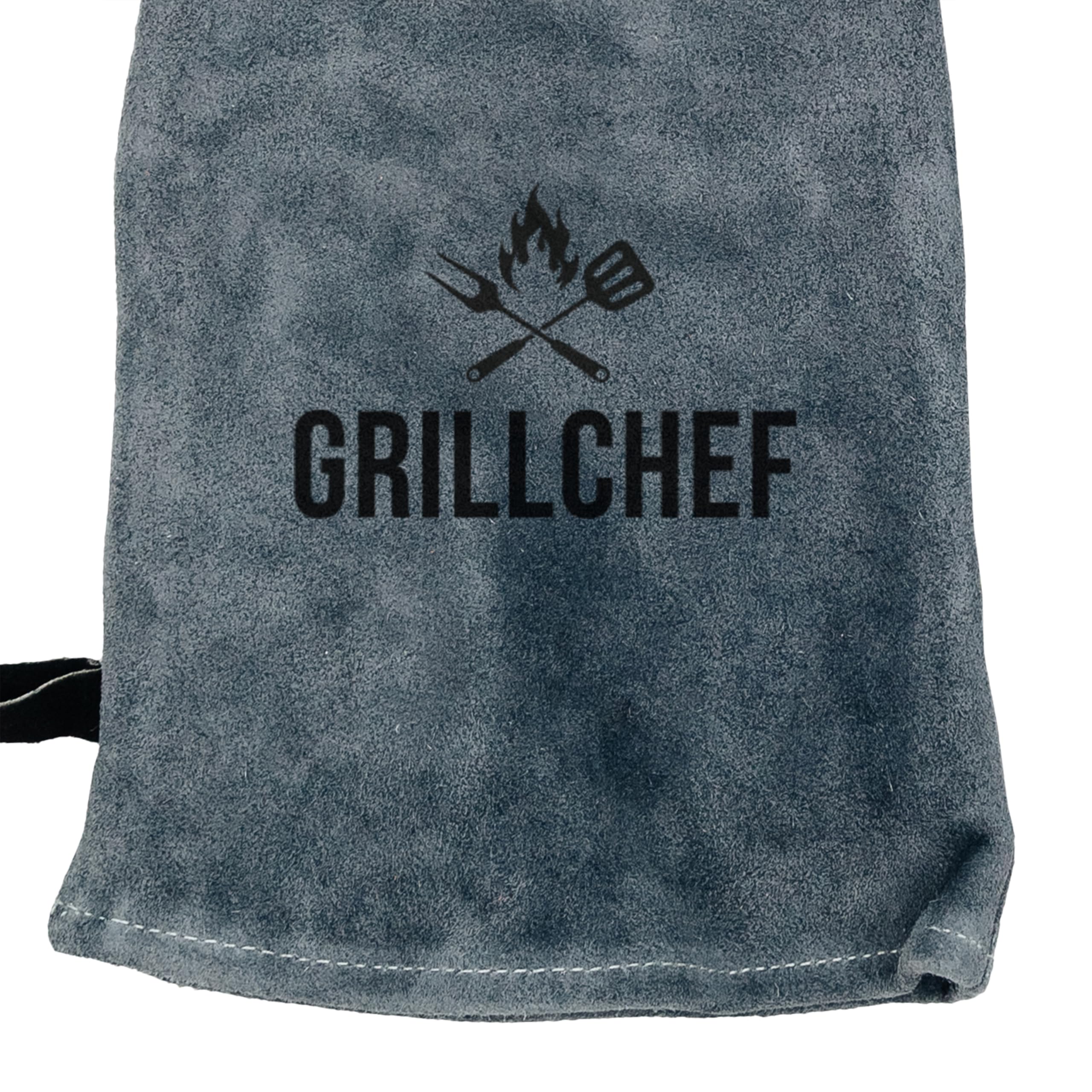 personalisierter Grillhandschuh Leder, Geschenk für Papa den Outdoor Grill und BBQ Barbecue Fan zum Vatertag Geburtstag für den Mann (Grillchef grau, linke Hand)