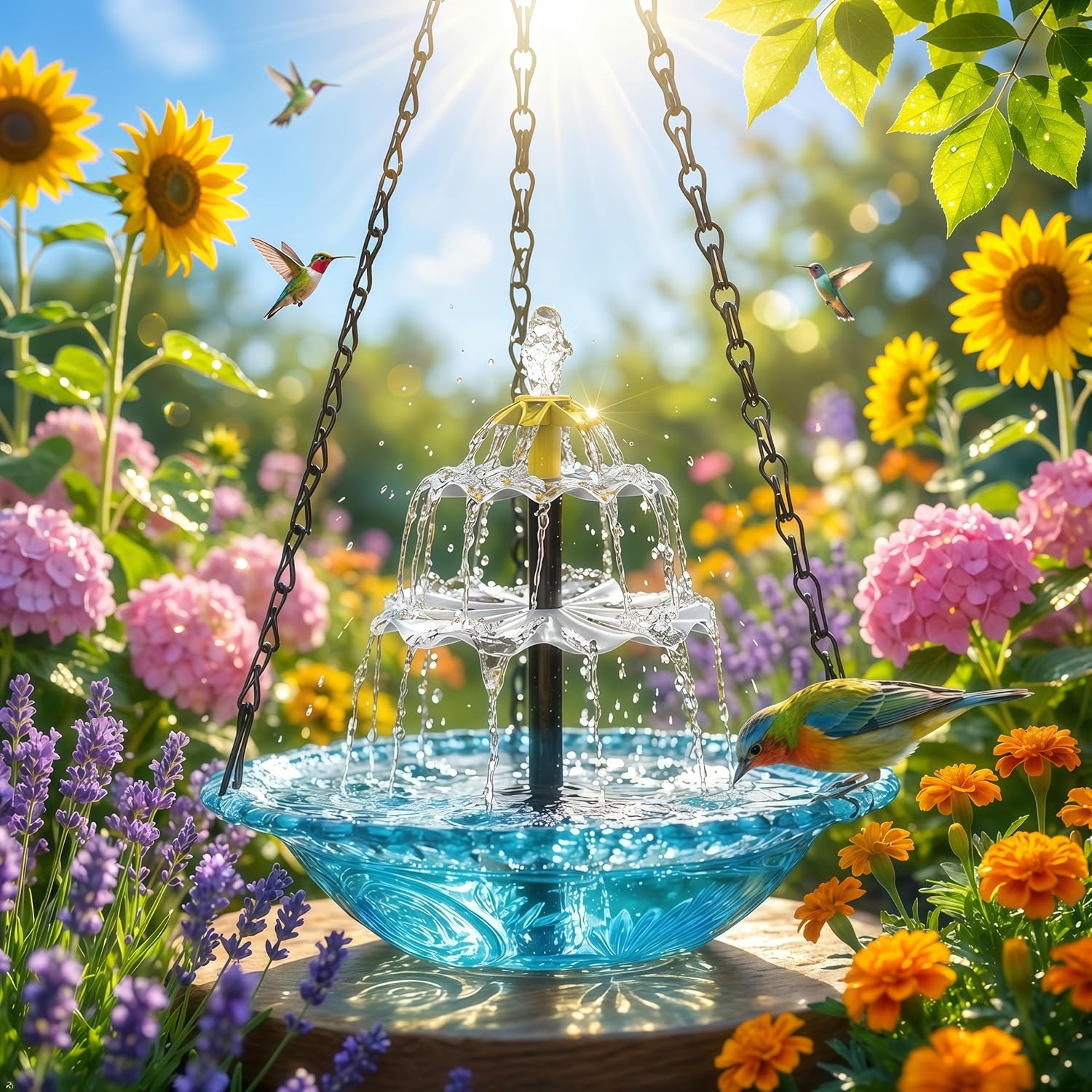 Solar Cascade Hanging Bird Bath Fountain, 2026 Upgraded Hanging Bird Bath with Flowing Water for Outdoors Garden Patio Backyard Lawn Decor (Blue)