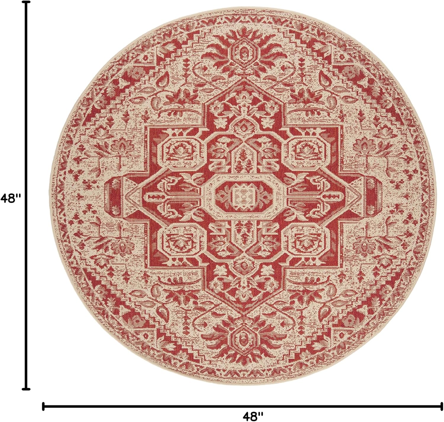 SAFAVIEH Washable Rug Outdoor Beach House Collection - 4' Round, Red & Cream, Non-Shedding & Easy to Clean, Ideal for Patio, Backyard, Mudroom (BHS138Q)