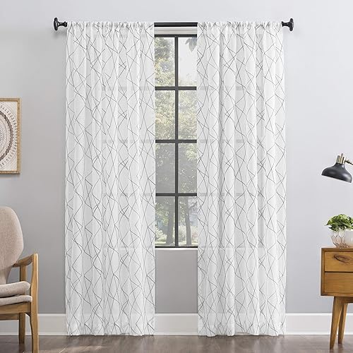 Vista 8 de No. 918 Fraction - Juego de 2 paneles de cortina de bolsillo para barra de mediados de siglo, moderno con bordado geométrico semitransparente Negro