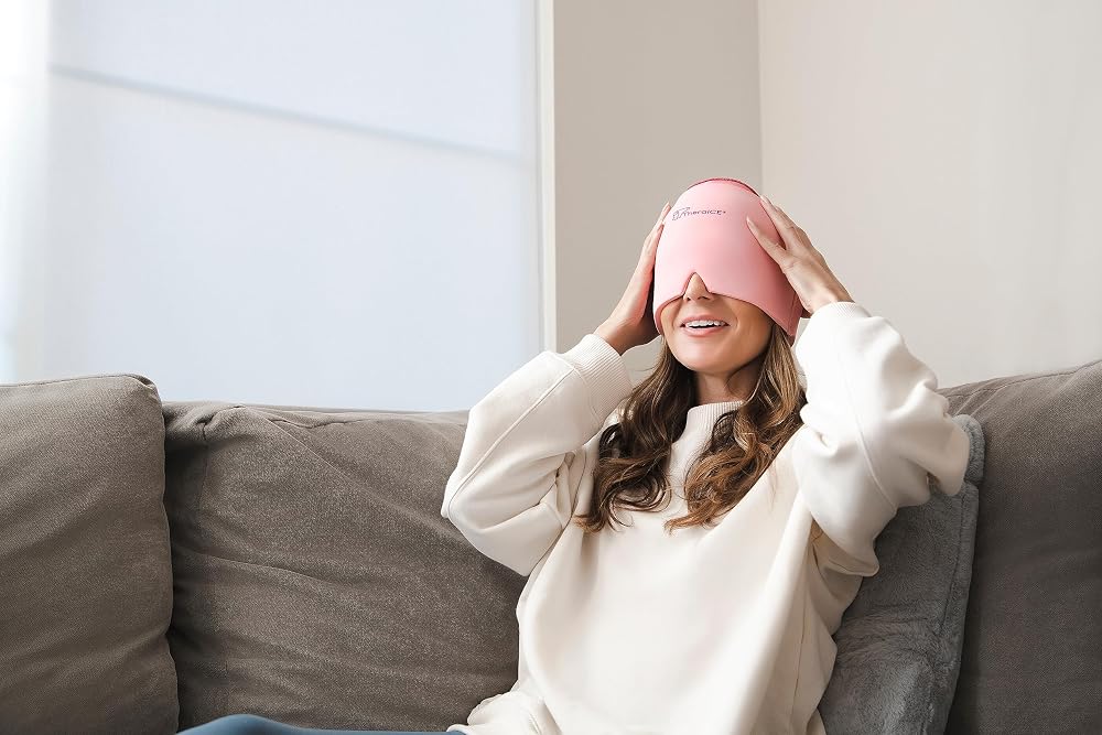 TheraICE Headache Relief Cap, Migraine Ice Pack Mask Products, Women Cooling Gel Hat, Face Cold Compress Head Wrap for Her Stress. Great Birthday Gift for Mom, Sister, Grandma, Girlfriend, & Teacher