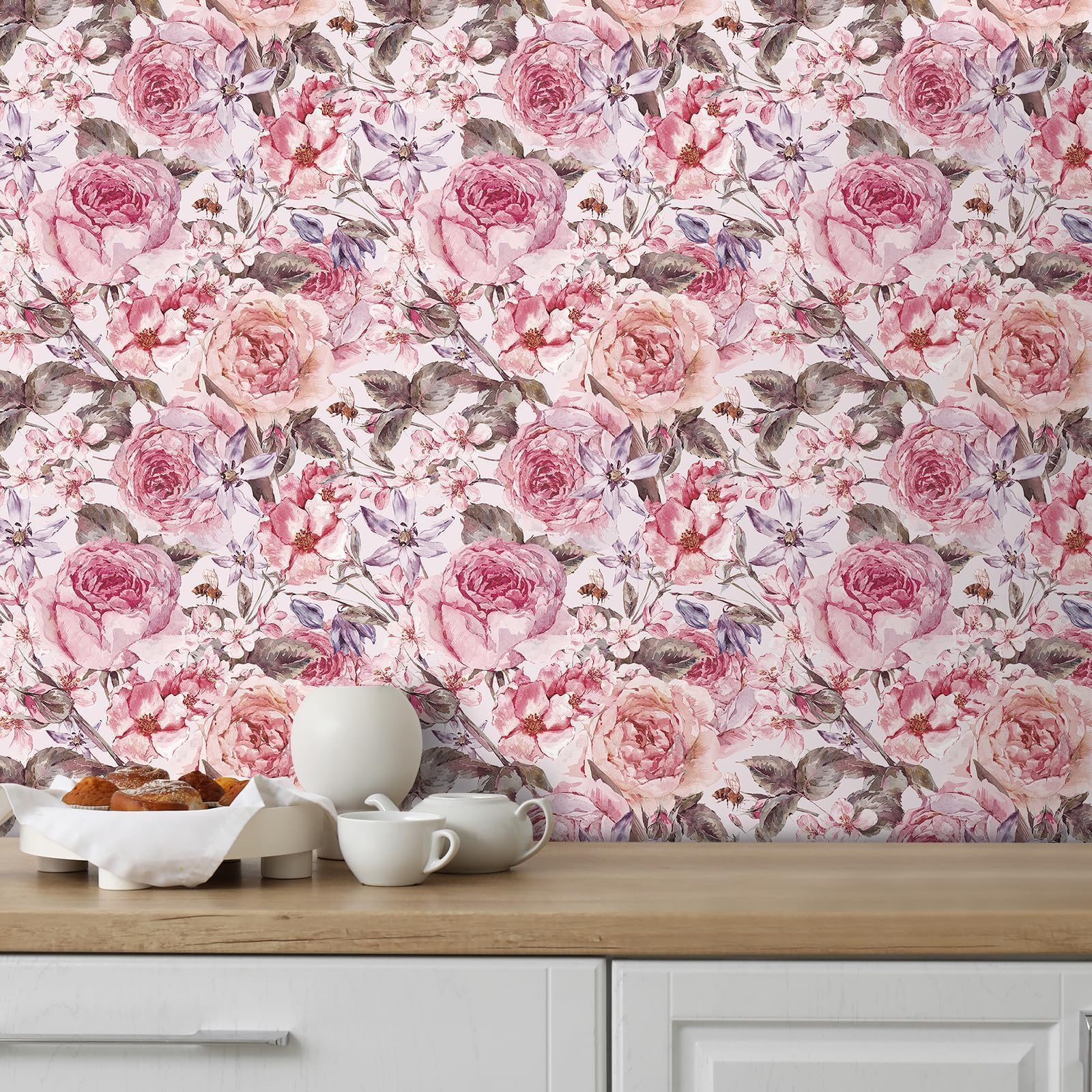 Decotalk Papier Peint Adhesif Mural Rose Fleurs Chambre à Coucher 44.5x900cm Revetement Vinyle Adhèsif Rose Autocollant Mural Rosa Rouleau Adhèsif pour Meuble Cuisine Papier Peint Imperméable