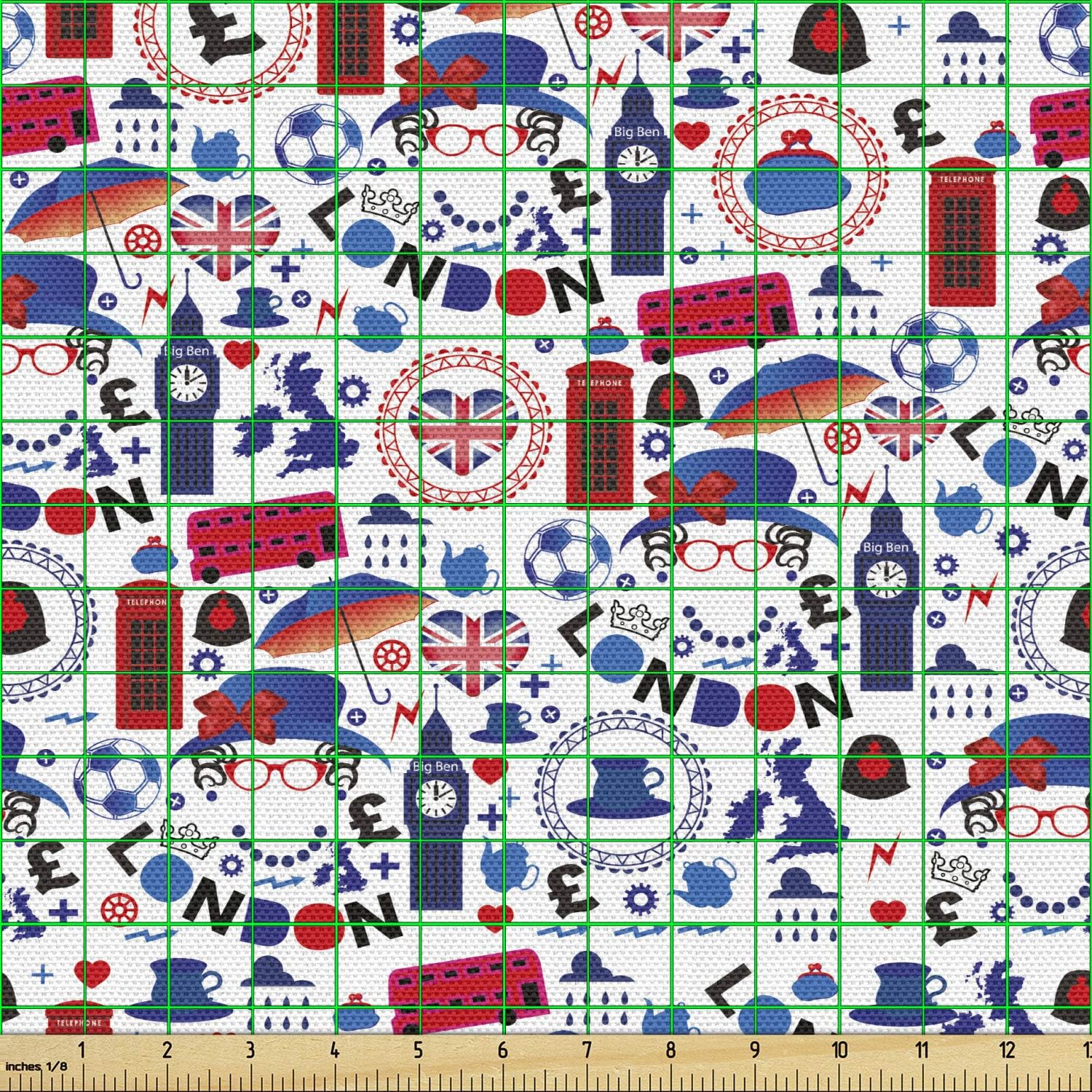 Ambesonne London Fabric by The Yard, Pattern with London Queen Elizabeth Umbrella Tea Party Map Travel Theme, Decorative Fabric for Upholstery and Home Accents, 2 Yards, Ruby Blue