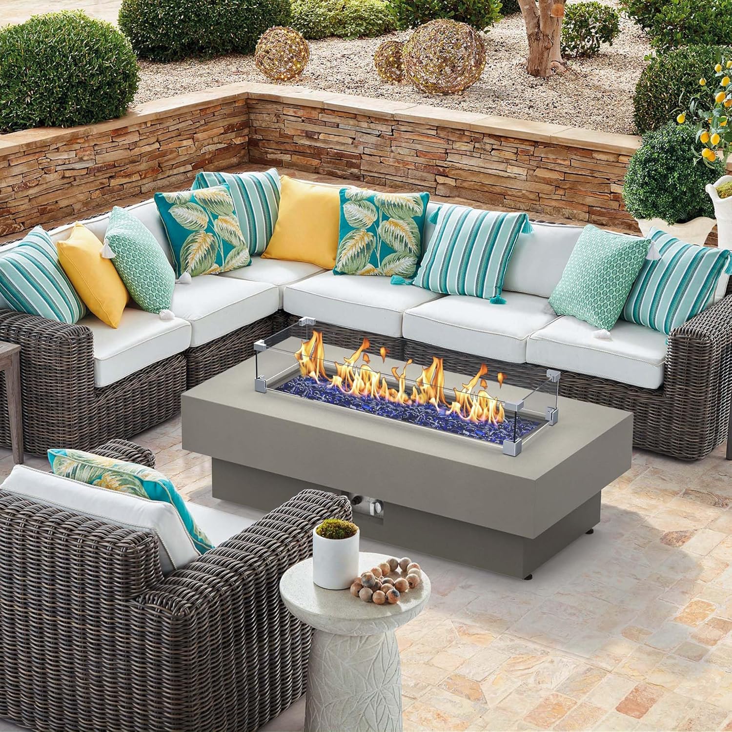 48-inch Fire Table with 20lb Propane Tank Cover & Wind Glass Shield, 50,000BTU Outdoor Modern Patio Fire Pit Table w/Rectangular Burner Lid, Glass Rocks, Pre-Attached 10ft External Gas Hose