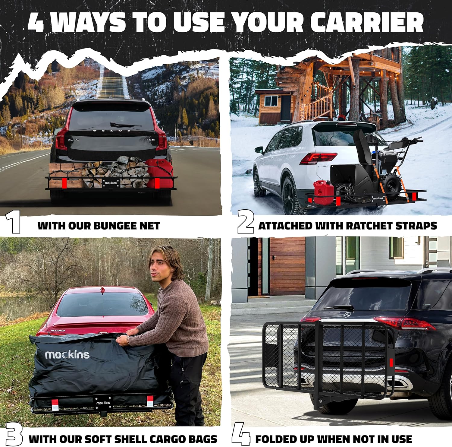 Mockins Folding Luggage Rack for SUV Car Truck ATV & More | 500 lb. Capacity Steel Trailer Hitch Cargo Carrier 60"x20"x6" w/Cargo Carrier Hitch Mount Accessories