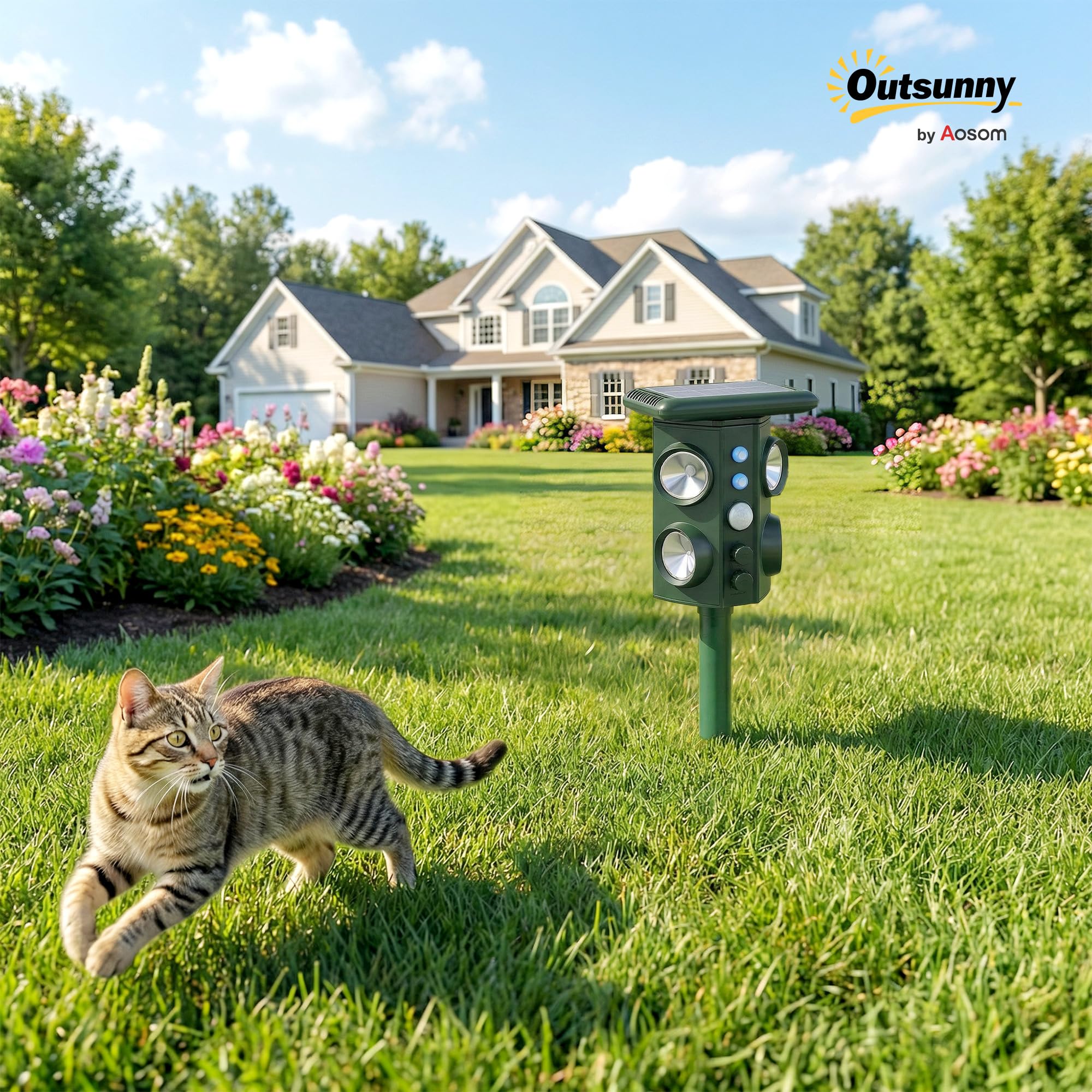 Outsunny Repellente Gatti Ultrasonico Solare Dissuasore per Gatti | 5 Modalità PIR, Flash LED, 110°, IPX4 Impermeabile, 4 Altoparlanti per Animali