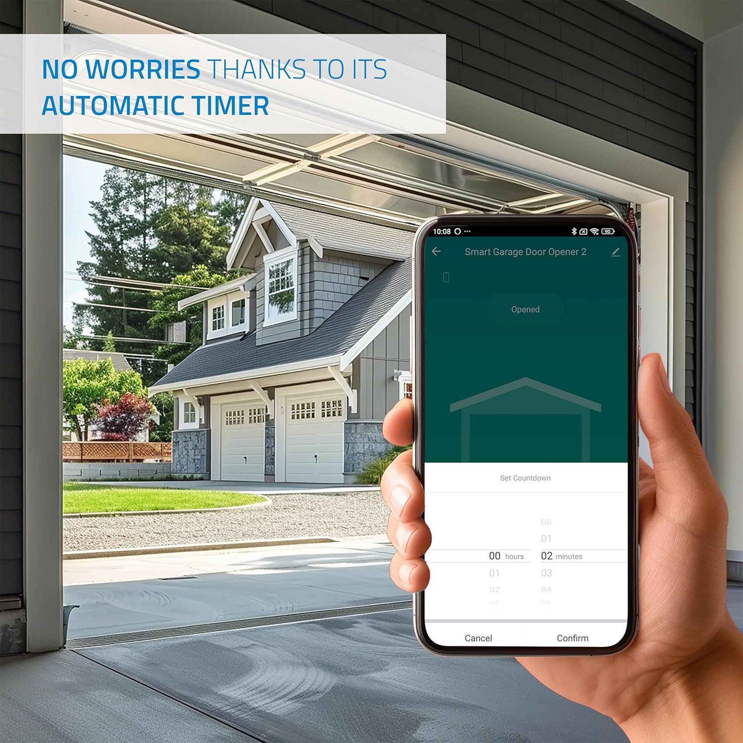 Smartphone displaying the Tuya Smart app with a countdown timer for garage door operation.