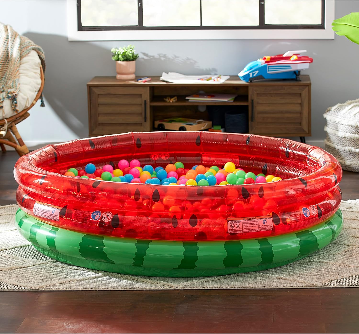 Intex 66-Inch Round Inflatable Outdoor Kids Swimming and Wading Watermelon Pool and Small Plastic Multi-Colored Fun Ballz with Carrying Bag, 100 Pack