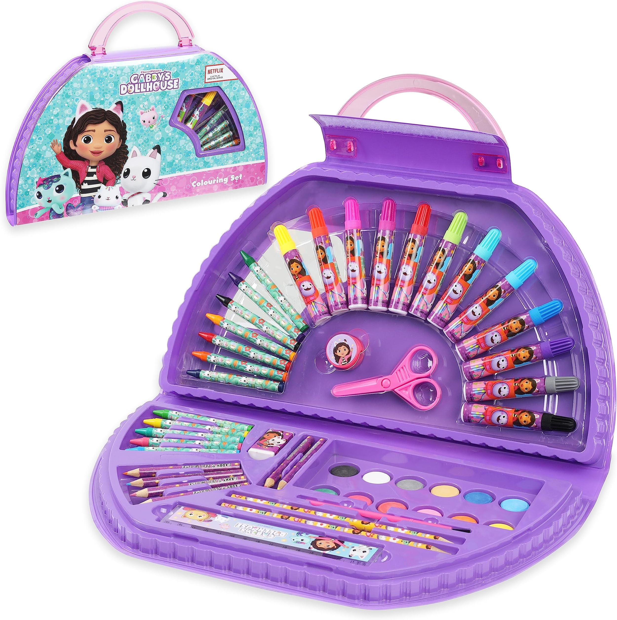 Gabby's Dollhouse Art Set Girls Colouring Pencils Paints Felt Tip Pens Stationery Crafts for Kids Art Supplies Preschool Travel 40 Plus Pcs Gift Set (Purple Halfmoon Set)