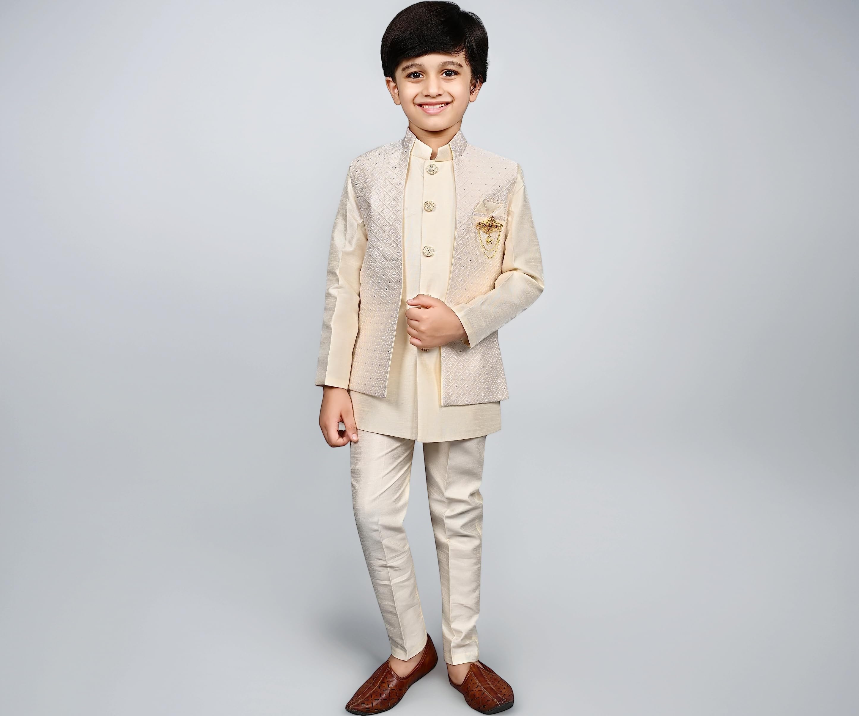 AHHAAAA Kids Ethnic Silk Blend Waistcoat Kurta Pyjama 3 Piece Sherwani Set For Boys |540|