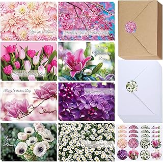 Winlyn 120 Sets Bulk Blank Valentine's Day Cards with Envelopes Stickers Assortment 8 Designs of Tulips Daisies Flower Floral Cards Greeting Cards for Her Him Valentine's Day