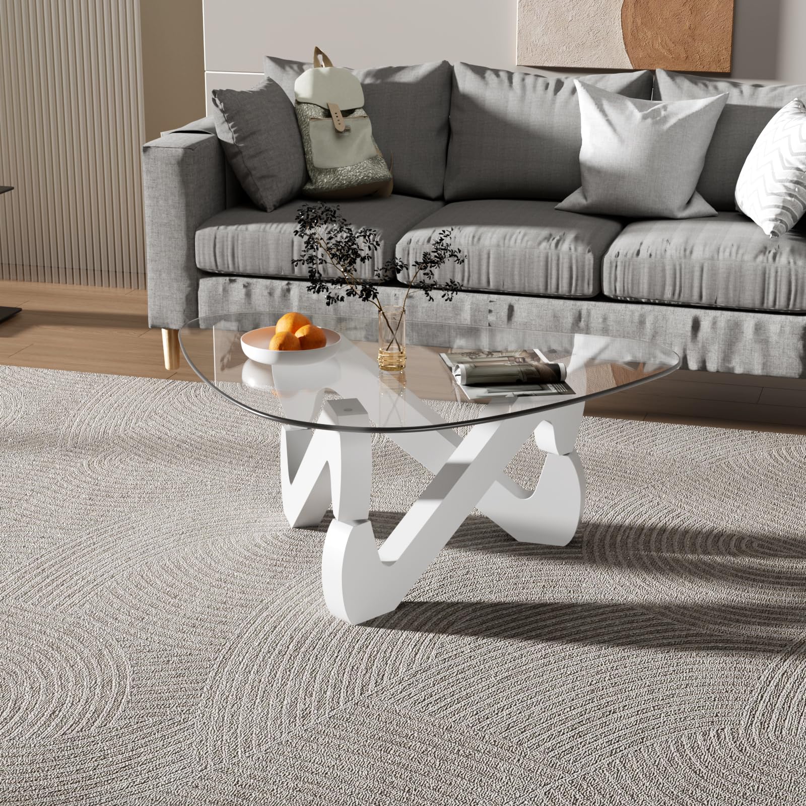 Tavolino da centro in vetro triangolare, tavolino moderno con base triangolare in legno massiccio e vetro temperato spesso, tavolino ausiliare, tavolino elegante per soggiorno ufficio, 82 x 57 x