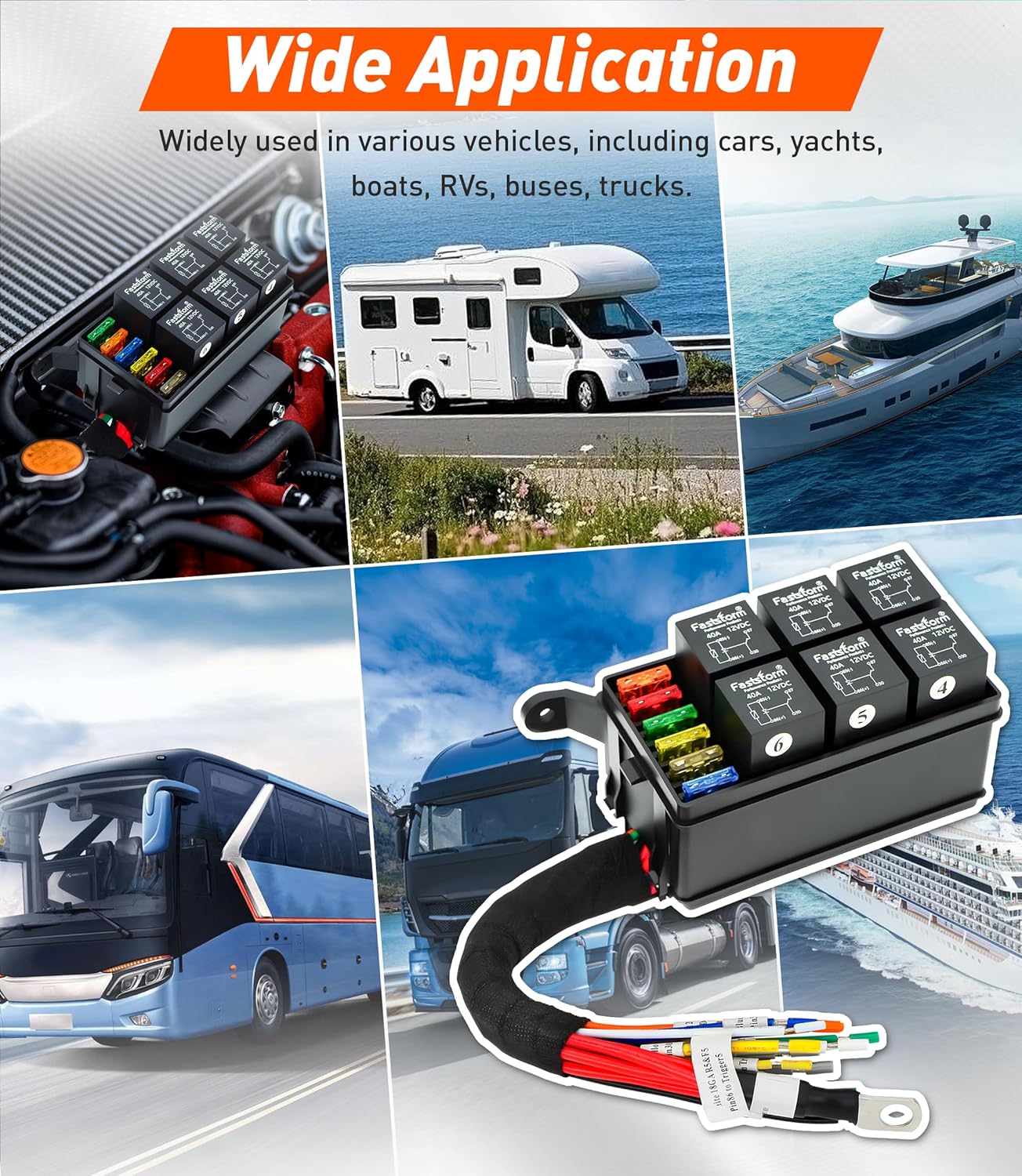 FASTSTORM 6-Gang Fuse Relay Box - 40A 12AWG Pre-Wired 7