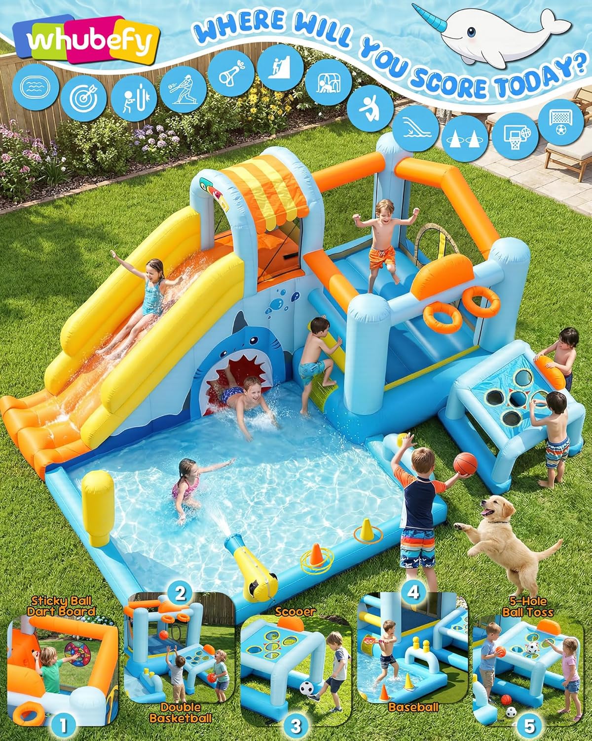24-in-1 Unicorn Shark Cave Inflatable Water Slides Bounce House Wet Dry Park for Kids Backyard with Blower, Splash/Ball Pit Pool, Basketball Hoop & Soccer Goal, Dart Board & Baseball Tee Play Station