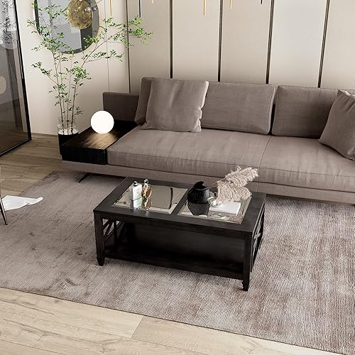 Miniatura 5 de Mesa de centro de madera maciza con parte superior de vidrio templado, 2 niveles de 45.5 x 26 pulgadas, mesa rectangular de sala de estar con