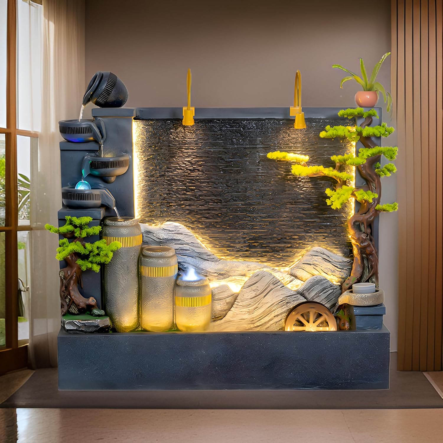 6.86 Ft Luxury Fountain with Water Wheel, LED Lights, Smoke Machine, Water Flow & Crystal Beads - Indoor/Outdoor Decoration for Villas, Courtyards, Gardens(208 * 55 * 200CM)